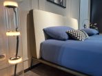 Luxury Velvet Bed Set: Cloud-White Headboard + Geometric Nightstand | Abstract Sculpture & Tassel Throw Included​​ - Image 6