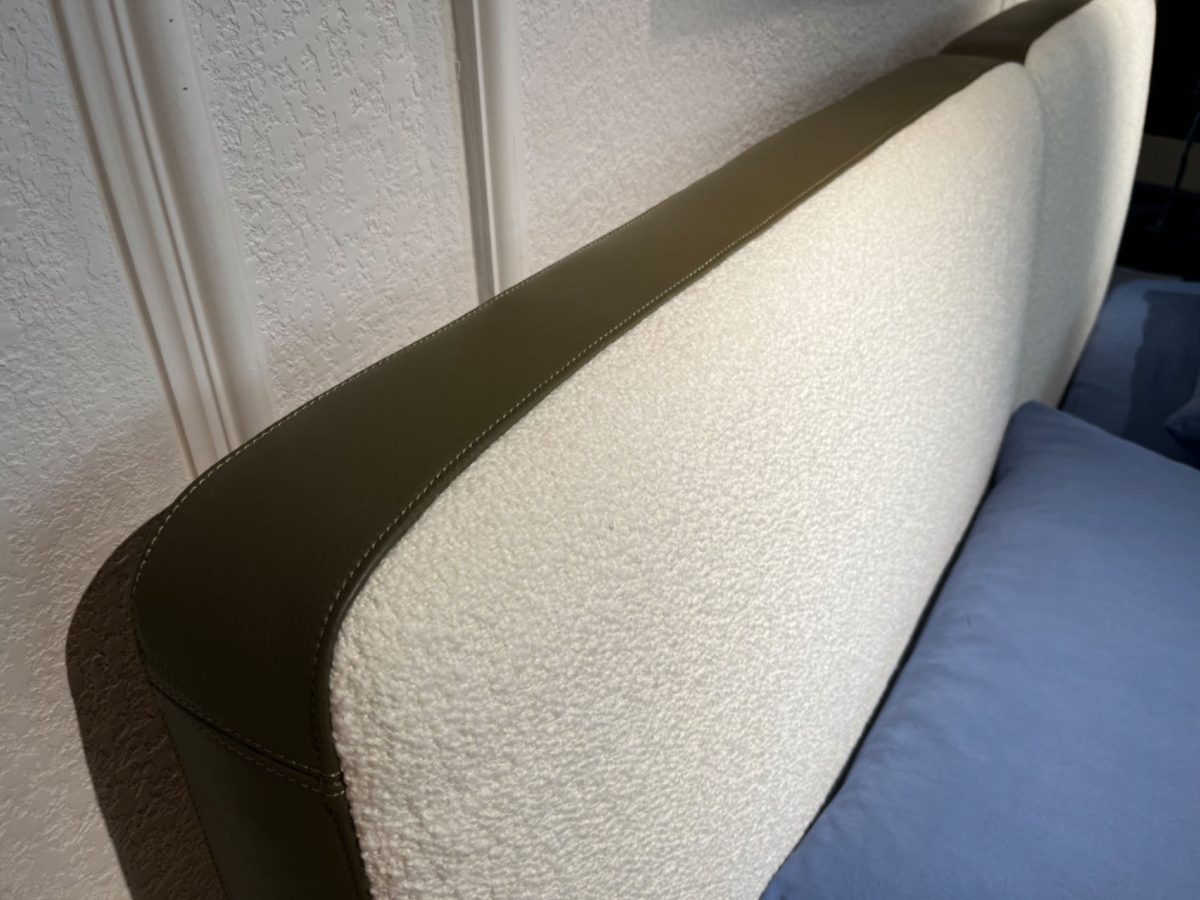 Luxury Velvet Bed Set: Cloud-White Headboard + Geometric Nightstand | Abstract Sculpture & Tassel Throw Included​​ - Image 4