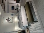 Luxury Velvet Bed Set: Cloud-White Headboard + Geometric Nightstand | Abstract Sculpture & Tassel Throw Included​​ - Image 2