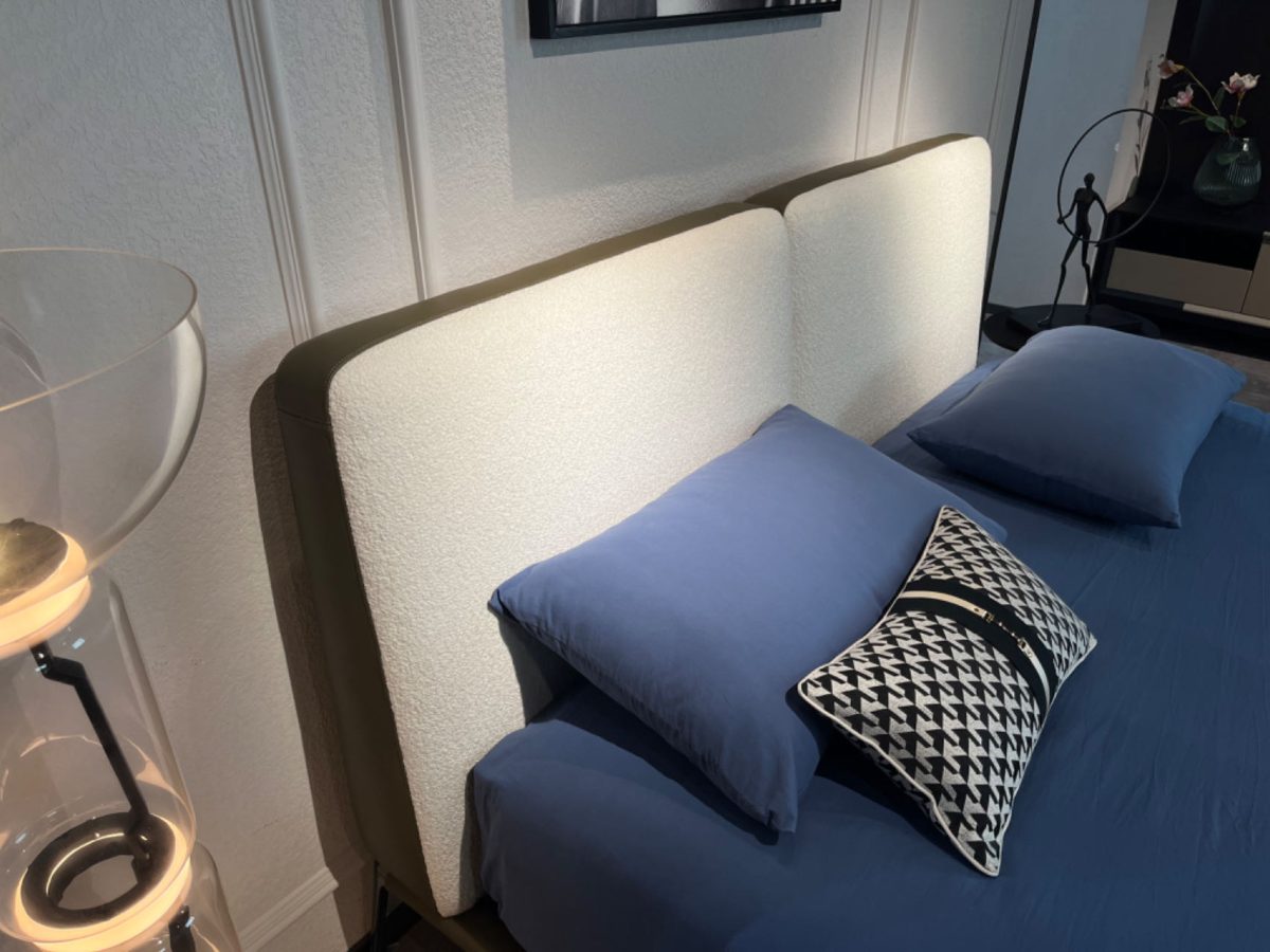 Luxury Velvet Bed Set: Cloud-White Headboard + Geometric Nightstand | Abstract Sculpture & Tassel Throw Included​​ - Image 3