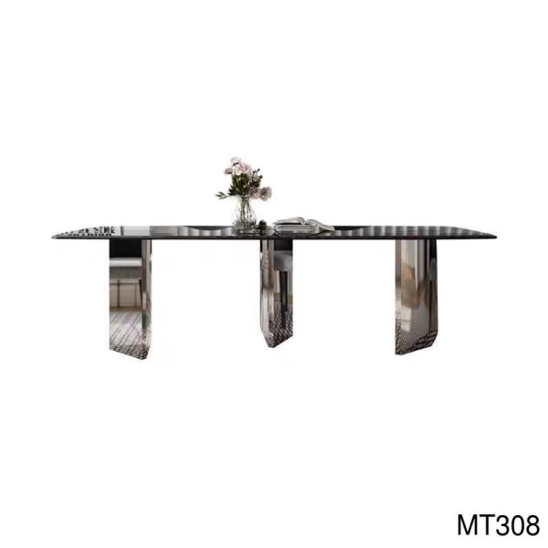 Beveled Thick Glass Art Dining Table | 12mm Beveled Tempered Glass + Stainless Steel Art Legs