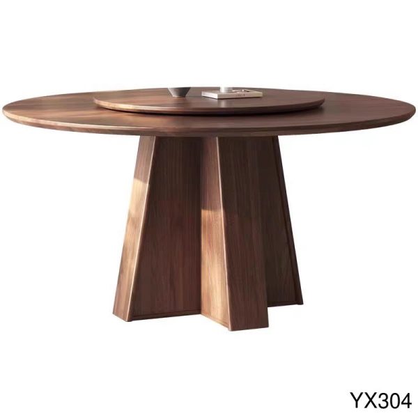 Walnut Wood Geometric Rotating Dining Table | Solid Wood + Built-In Lazy Susan