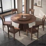 Walnut Wood Geometric Rotating Dining Table | Solid Wood + Built-In Lazy Susan - Image 3
