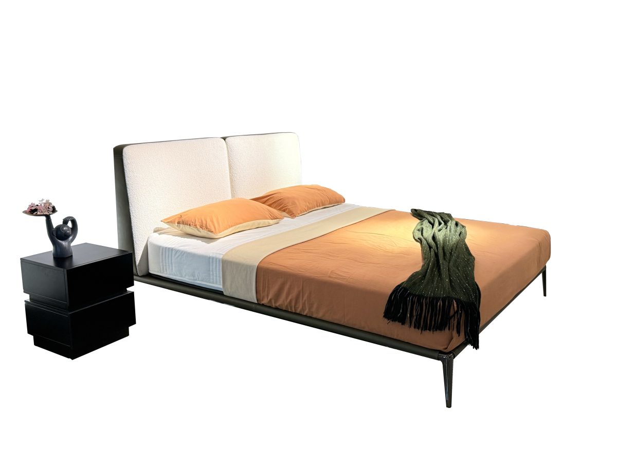 Luxury Velvet Bed Set: Cloud-White Headboard + Geometric Nightstand | Abstract Sculpture & Tassel Throw Included​​ - Image 1