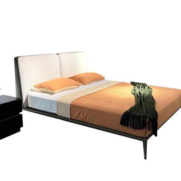 Luxury Velvet Bed Set: Cloud-White Headboard + Geometric Nightstand | Abstract Sculpture & Tassel Throw Included​​