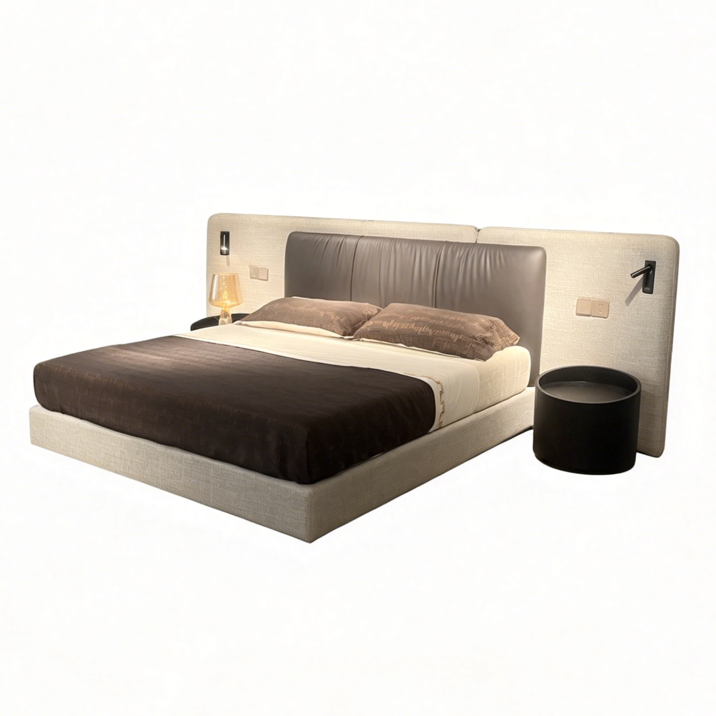 抠图换背景 Luxury Bed Set: Bed Frame + Headboard Cushion + Adjustable Reading Lamp-2012 bed - Image 1